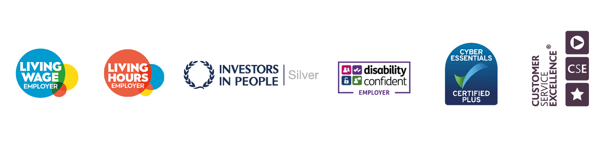 Accreditations bar "Row of accreditation logos including Living Wage Employer, Living Hours, Investors in People Silver, Disability Confident Employer, Cyber Essentials Certified Plus, and Customer Service Excellence."