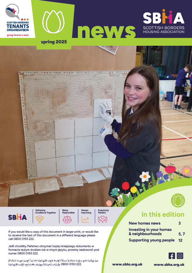 Front page of the Scottish Borders Housing Association (SBHA) spring 2025 newsletter. The top section features logos for SBHA and the Scottish Borders Tenants Organisation, with the title "news" and a green tulip icon. Below, a smiling young girl is seen tiling a wall as part of a community activity. The bottom section highlights contact information in English, Polish, and Arabic for obtaining the document in other formats or languages. It also features SBHA’s values and a contents list including “New homes news,” “Investing in your homes & neighbourhoods,” and “Supporting young people.” Website and social media icons are shown.