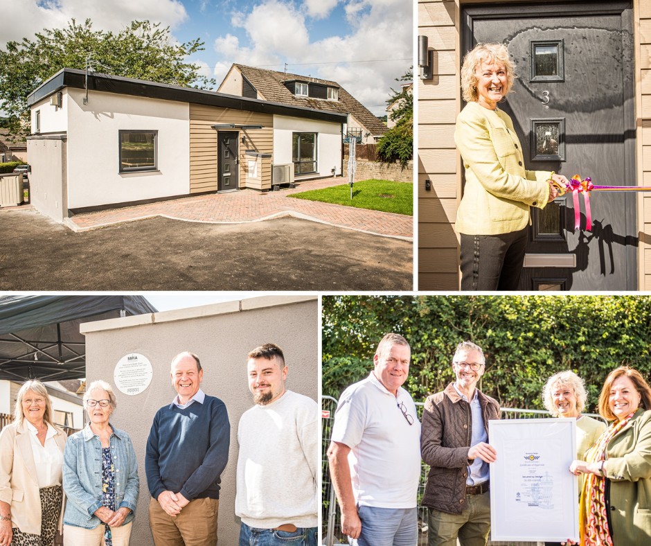 A collage of four photos showing the opening of a modern single-story house with white and beige exterior walls. Top left: exterior view of the house with a paved driveway. Top right: a smiling woman in a yellow jacket cutting a ribbon at the front door. Bottom left: four people standing together outside by a wall with a plaque. Bottom right: four people, including the ribbon-cutter, smiling and holding a large framed certificate outdoors.
