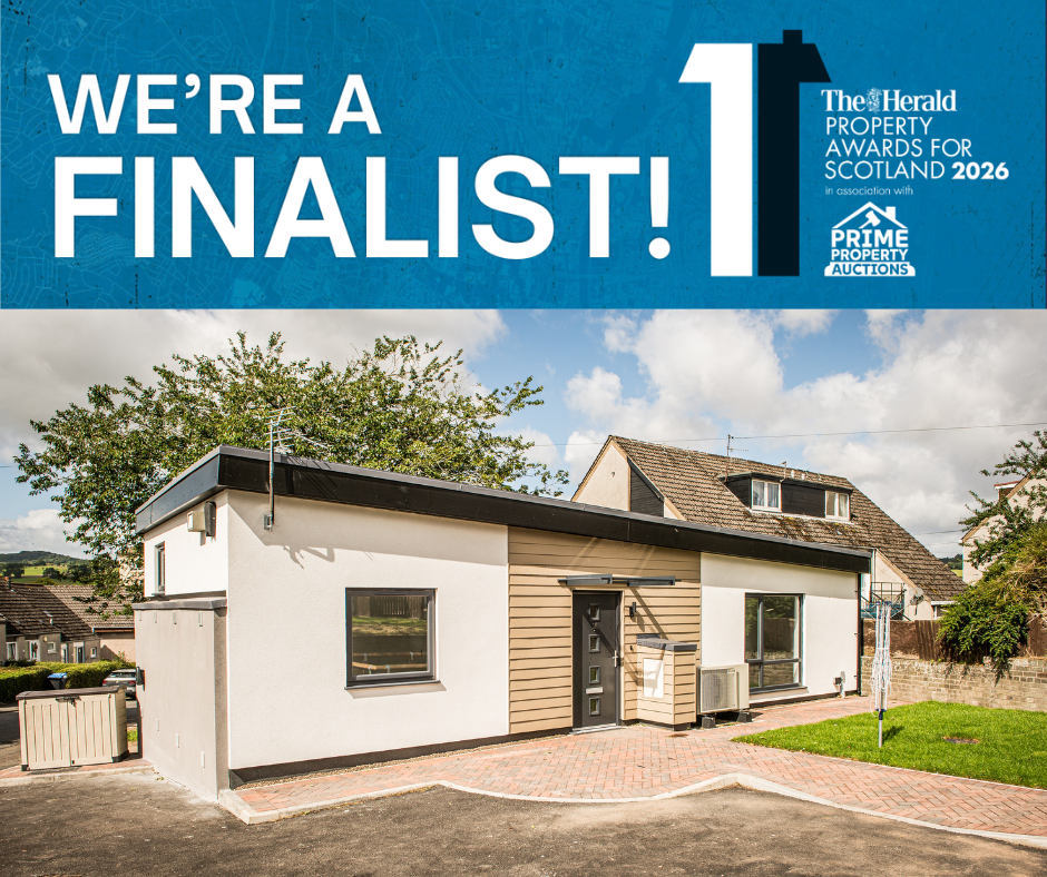Graphic announcing “We’re a finalist!” for The Herald Property Awards for Scotland 2026, featuring a photograph of a newly renovated single-storey home in a residential neighbourhood.