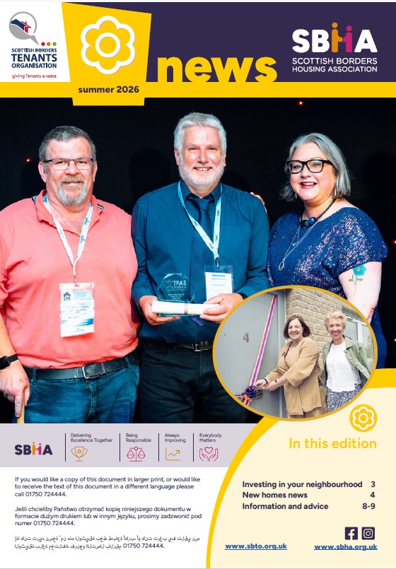 Cover of SBHA News, Summer 2026, featuring three people holding a TPAS award, with an inset photo of two women at a new housing development. The cover highlights investing in neighbourhoods, new homes and information and advice.
